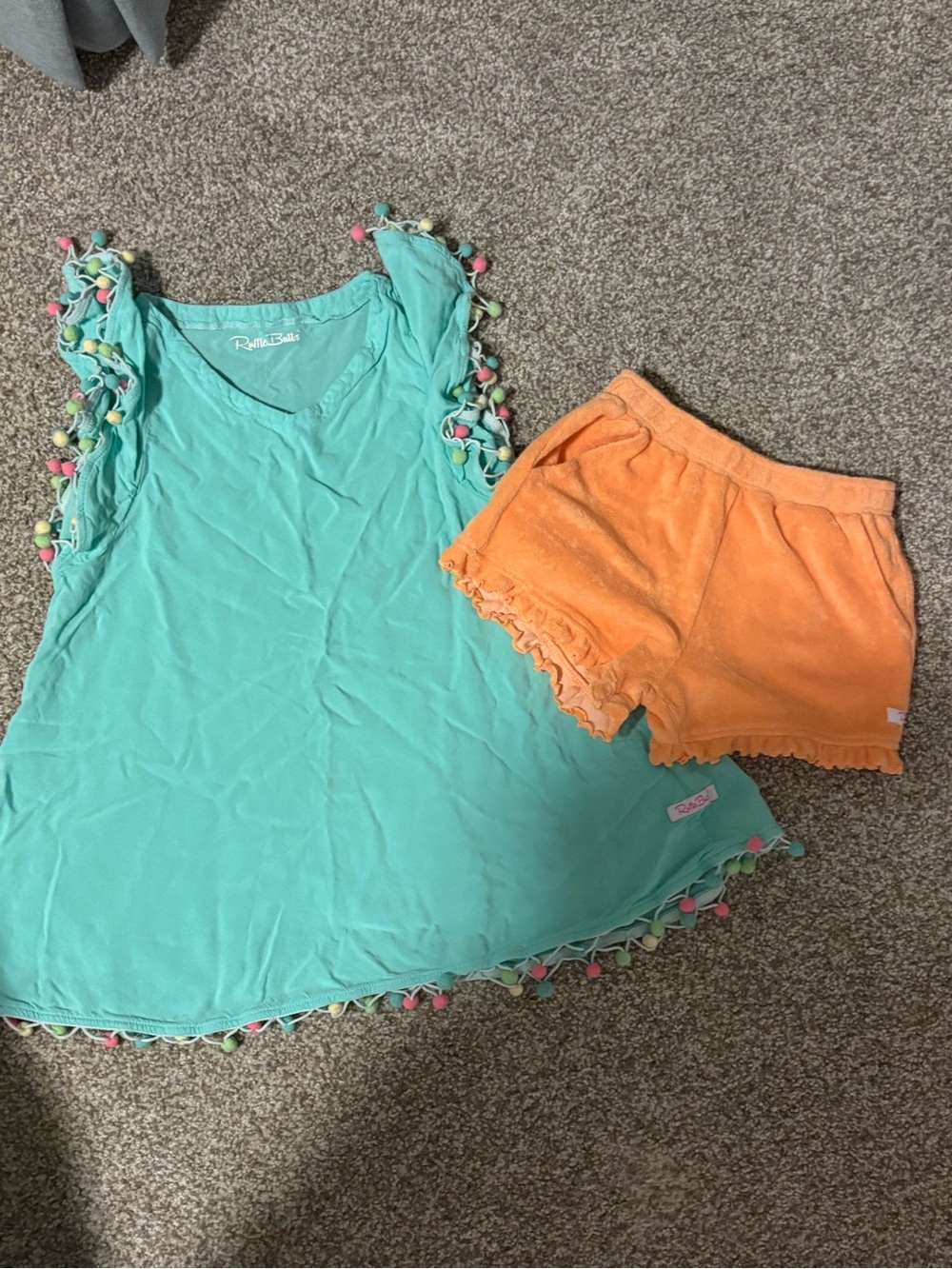 RuffleButts Turquoise Pom Trim Cover-up with Orange terry Shorts Set